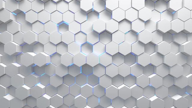 Abstract technological background made of white hexagons with blue glow. Seamless loop
