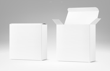 Realistic open and close cardboard boxes mockup. Vector illustration. Taking your 2D designs into 3D. Can be use for medicine, food, cosmetic and other. EPS10.