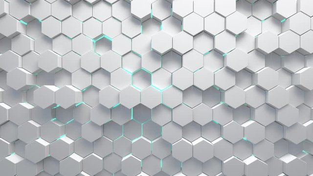 Abstract technological background made of white hexagons with turquoise glow. Seamless loop