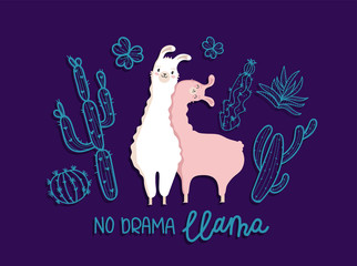 Collection llama in love with cactus and heart and many details.Typography poster,card,label,banner design set with background.Vector illustration. Text: No Drama Llama.