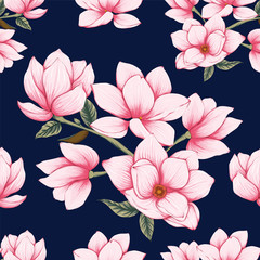 Seamless pattern pink pastel Magnolia flowers abstract background.Drawing line art.Vector illustration