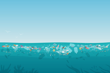 Plastic pollution trash on sea surface with different kinds of garbage - plastic bottles, bags, wastes floating in water. Sea ocean water pollution background concept vector illustration. © lembergvector