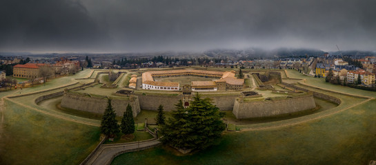 Aerial view of Jaca fortress a star shaped military base with pointed bastions protecting a pass in the Pyrenees in northern Spain close to the French border