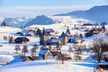 A snow covered village in swiss Alps, Switzerland, in winter time