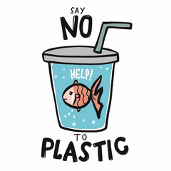 Fish say no to plastic cartoon vector illustration doodle style