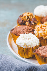 Brigadeiro is a common Brazilian dessert. Top view background Valentine's Day, Christmas, New Year.
