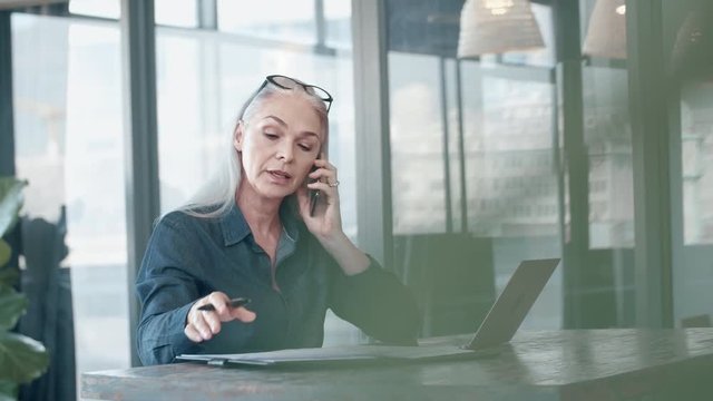 Mature business woman talking on cell phone while working on laptop and doing paperwork in office. Senior female using laptop and talking on mobile phone.