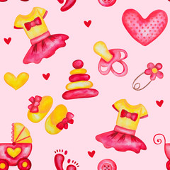 Seamless pattern illustration Its a girl. Hand drawn watercolor elements for newborn baby girl
