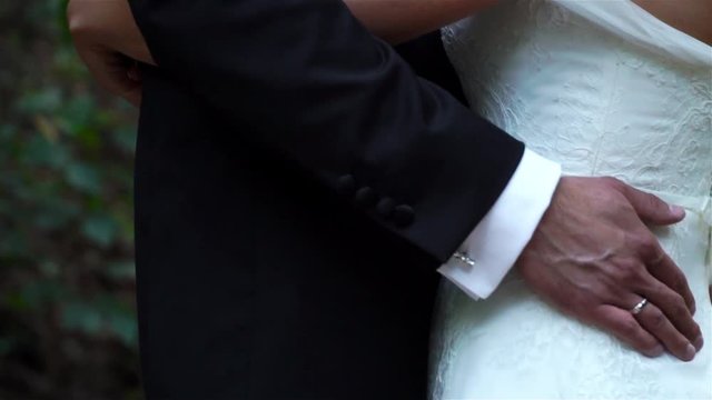 bride and groom embrace and give hands to each other