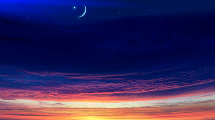 Fototapeta na wymiar Crescent moon with beautiful sunset background . Generous Ramadan . Light from sky . Religion background .