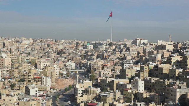 Cityscape with Raghadan Flagpole seen from Citadel Hill, Amman, Amman Governorate, Jordan