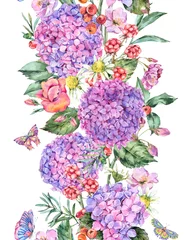 Poster Watercolor Summer Seamless Border with Pink Hydrangea, Chamomile, Berries © Belus