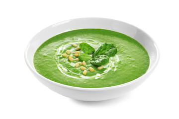 Dish with spinach cream soup on white background. Healthy food