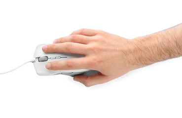 Man using computer mouse on white background, top view