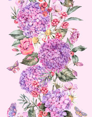Watercolor Summer Seamless Border with Pink Hydrangea, Chamomile, Berries