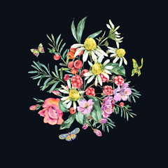 Watercolor Summer Bouquet with Chamomile, Berries, Wildflowers, Blackberry and Butterflies