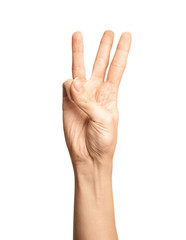 Woman showing number six on white background, closeup. Sign language
