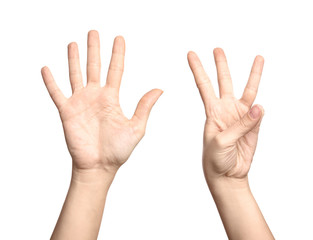 Woman showing sign eight on white background, closeup. Body language