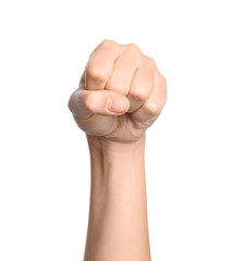Woman showing word yes on white background, closeup. Sign language