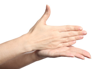 Woman showing word stop on white background, closeup. Sign language
