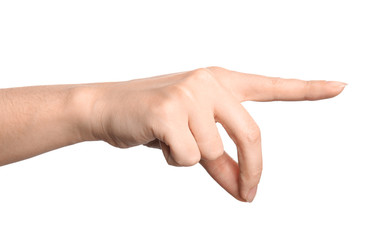 Woman showing hand sign on white background, closeup. Body language