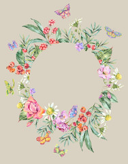 Watercolor Summer Round Frame with Chamomile, Berries, Wildflowers, Blackberry and Butterflies