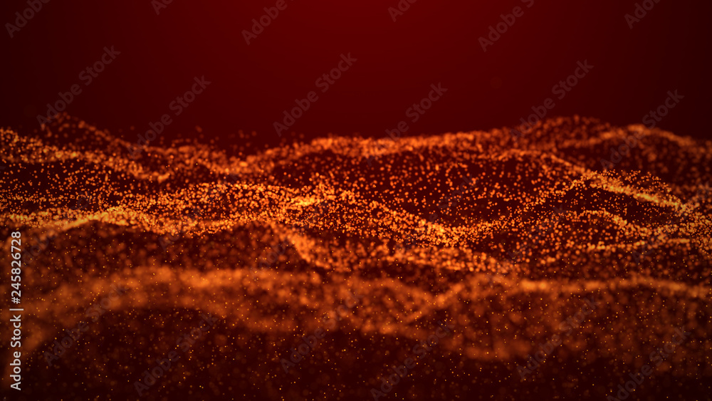 Poster wave glow. wave of particles. wave 3d. 3d rendering. futuristic dots background with a dynamic wave.