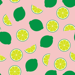 Pink Limeade Seamless Vector Pattern Tile. Green Lime Round and Half Slices Randomly Arranged on Pink Background. Lemonade Stand Summer Picnic Party Decor. Food Packaging Design. Swatch Included.