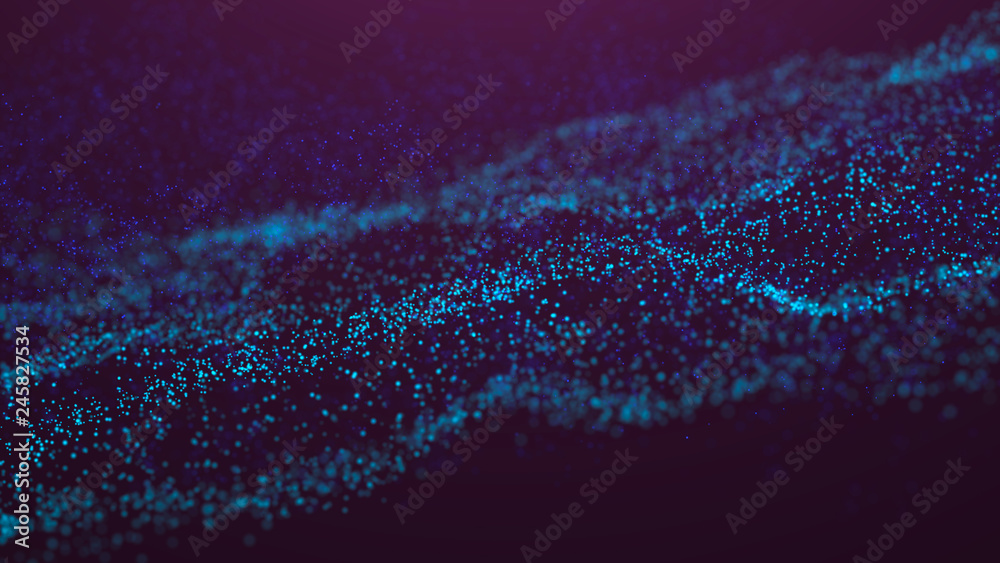 Poster wave glow. wave of particles. wave 3d. 3d rendering. futuristic dots background with a dynamic wave.