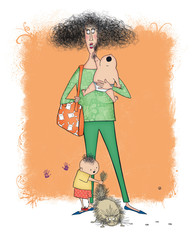 Funny Frazzled Mom With Two Small Children