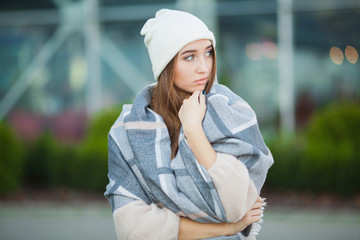 Cold and flu. Woman get sick and cough, wearing autumn clothes