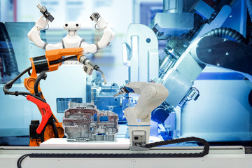Industrial robotic welding, robot gripping and smart robot working on smart factory, on machine...