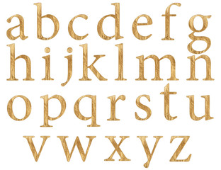 Set of english alphabet letters in lowercase, gold texture, isolated on white background, 3d illustration