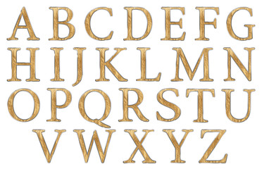 Set of english alphabet letters in uppercase, gold and silver texture, isolated on white background, 3d illustration