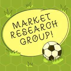 Conceptual hand writing showing Market Research Group. Business photo showcasing gather information about target markets or customers Soccer Ball on the Grass and Blank Round Color Shape photo