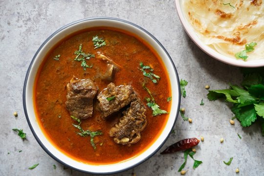 Lamb Mutton Goat Curry Served With Paratha, Overhead View