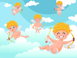 Cupid angels characters flying with bow and arrow clouds background. Happy Valentine's Day. Vector illustration decorative element on Valentine
