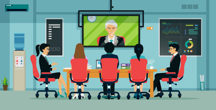 Businessmen and employees have meetings via video conferencing.