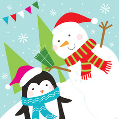 happy snowman and penguin celebrate christmas