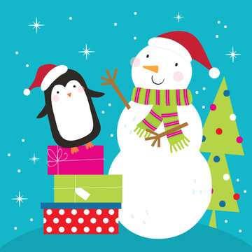 penguin and snowman with christmas gift greeting card