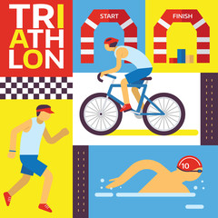 Triathlon track vector illustration. Swimming, riding, running banner. Fast sportsman in triathlon competition, exercise sport concept set. Healthy lifestyle. Fit male characters.