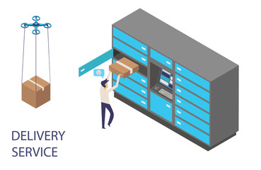 Modern flat design isometric concept of delivery service for website and mobile website with delivery locker mail box, man, dron.Landing page template. Easy to edit and customize. Vector illustration.