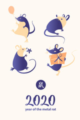 Concept image of symbol chinese happy new year 2020. Wild rat. Freehand drawn silhouette small mouse. Lunar horoscope sign. Hieroglyph translation mouse. Vector sketch illustration