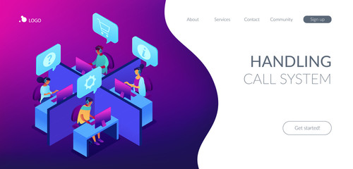 Customer service operators wearing headsets answering phones in the office. Call center, handling call system, virtual call center concept. Isometric 3D website app landing web page template