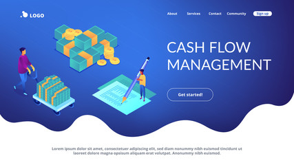 Financial analyst with computer and pen calculating cash flow statement. Cash flow statement, cash flow management, financial plan concept. Isometric 3D website app landing web page template