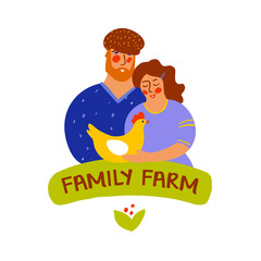 Family farm logo. Front portrait view people with chicken in hands.  Hipster style template badge, sign, emblem, logotype. Freehand drawn sketch vector illustration