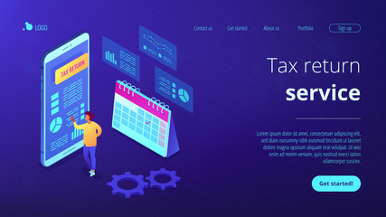 Businessman using tax return application on mobile phone. Tax return service, tax refund application, worldwide internet shopping concept. Isometric 3D website app landing web page template