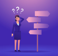 Confused businesswoman stands at crossroads and thinks where to go. Choose career, business direction concept. Colorful design vector illustration