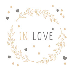 Vector hand drawn illustration of text IN LOVE and floral round frame on white background. 