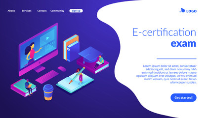 Students e-learning at huge computer with teacher online. E-learning industry, online digital education, e-certification exam concept. Isometric 3D website app landing web page template